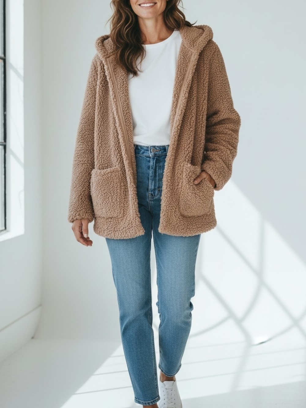 LoungeWear CozyCore Plush Hooded Teddy Jacket in Camel Brown M-L